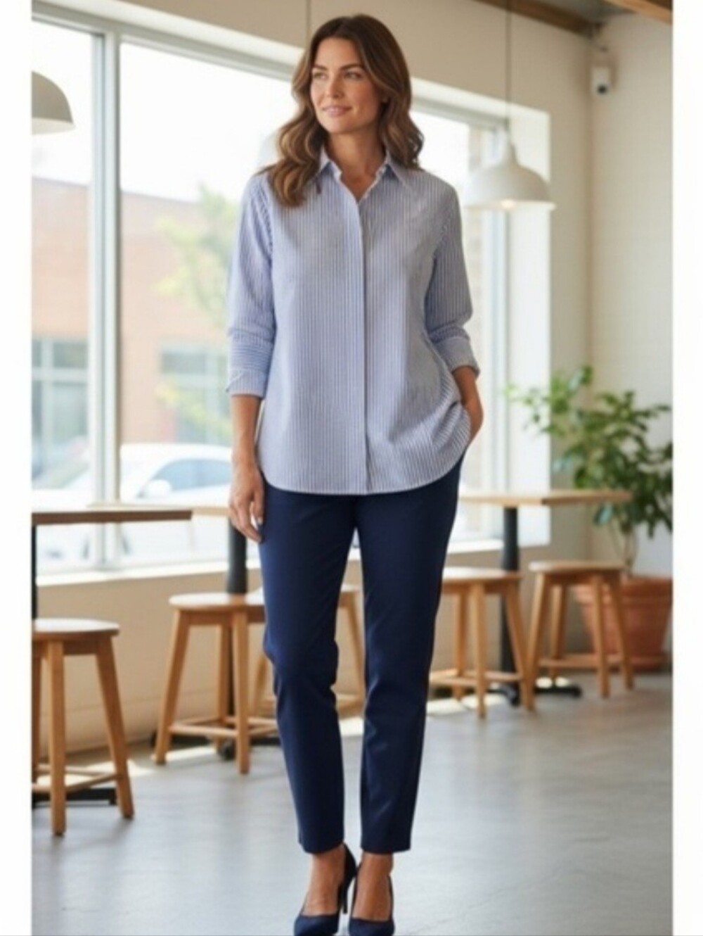 Women’s Blue Stripe Button-Front Shirt